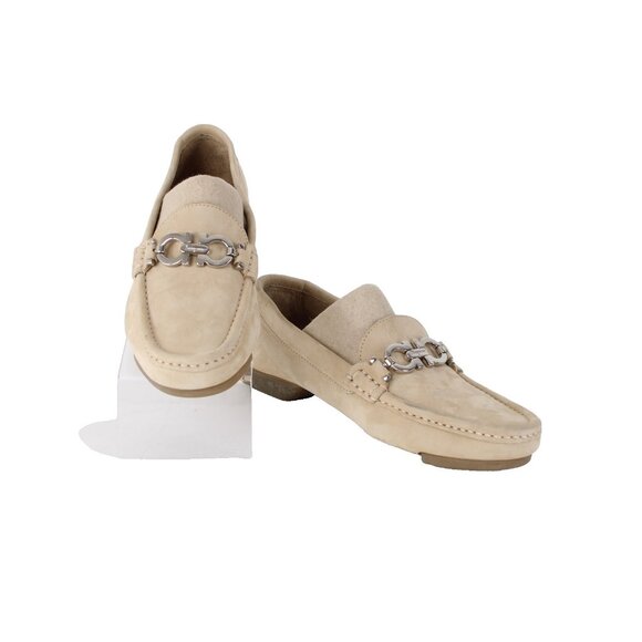 Salvatore Ferragamo Shoes - Ferragamo Flats Sz 7 Beige Suede Silver Hardware Driving Moc Leather Loafers